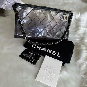 CHANEL Silver Quilted PVC Shoulder Bag with Black Trim